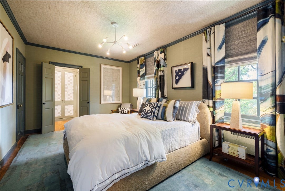 301 Lock Lane, Windsor Farms, Richmond, VA 23226 Bedroom with grasscloth walls and two closets.