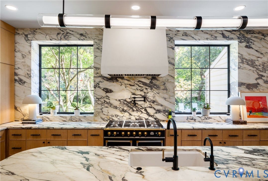 301 Lock Lane, Windsor Farms, Richmond, VA 23226 La Cornue range beneath a custom plaster hood.