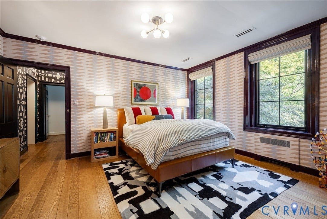 301 Lock Lane, Windsor Farms, Richmond, VA 23226 Bedroom with motorized Roman shades, custom built-ins and motion-sensor closet lighting.