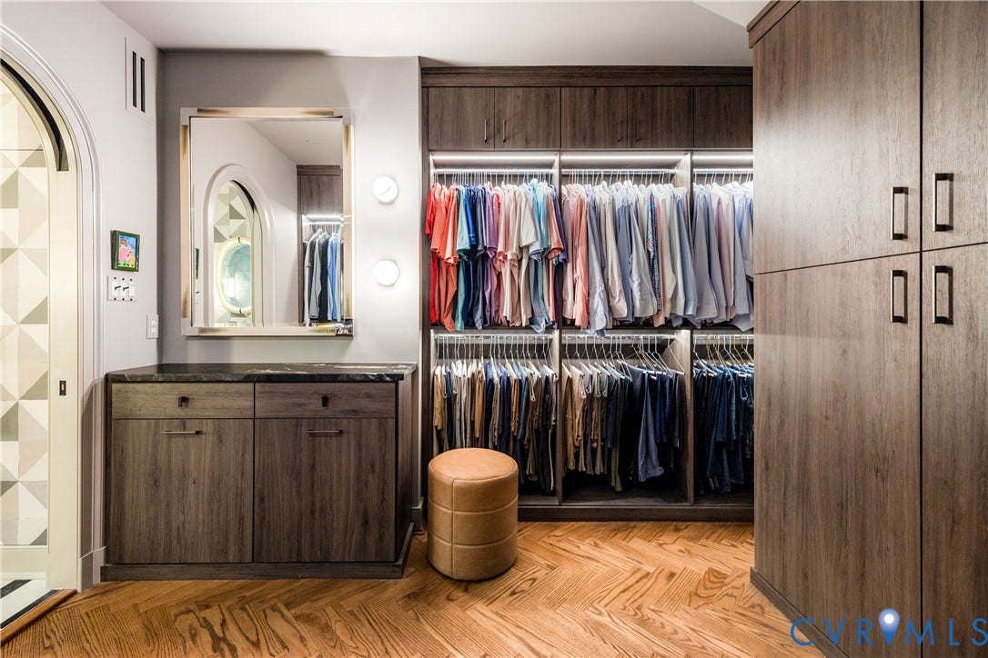 301 Lock Lane, Windsor Farms, Richmond, VA 23226 Custom closet with herringbone red oak floors, motion-sensor lighting and a hidden safe.