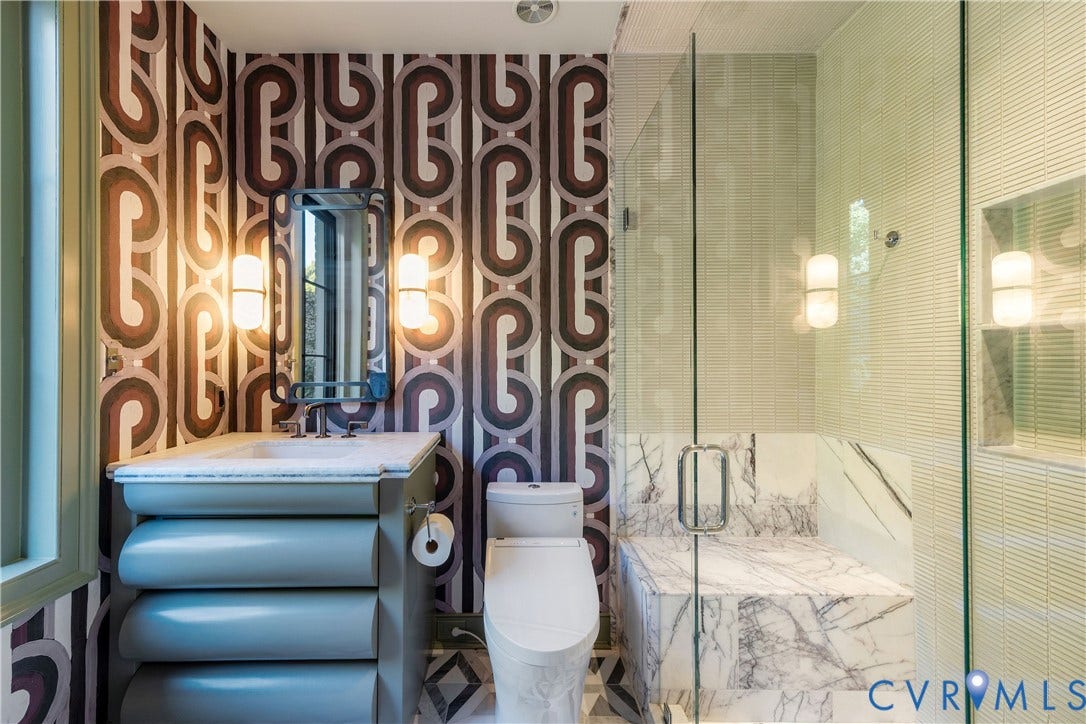 301 Lock Lane, Windsor Farms, Richmond, VA 23226 En suite bath with a custom vanity and marble shower with bench.