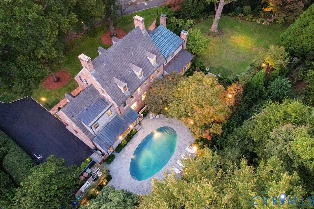 301 Lock Lane, Windsor Farms, Richmond, VA 23226 The house, 3-car garage, pool and gardens from above.