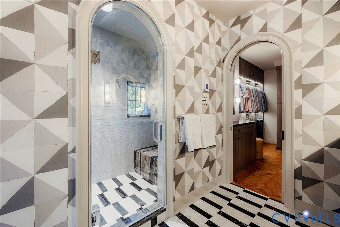 301 Lock Lane, Windsor Farms, Richmond, VA 23226 Steam shower with a shower dryer and arched glass door, beside a new arched doorway to the closet.