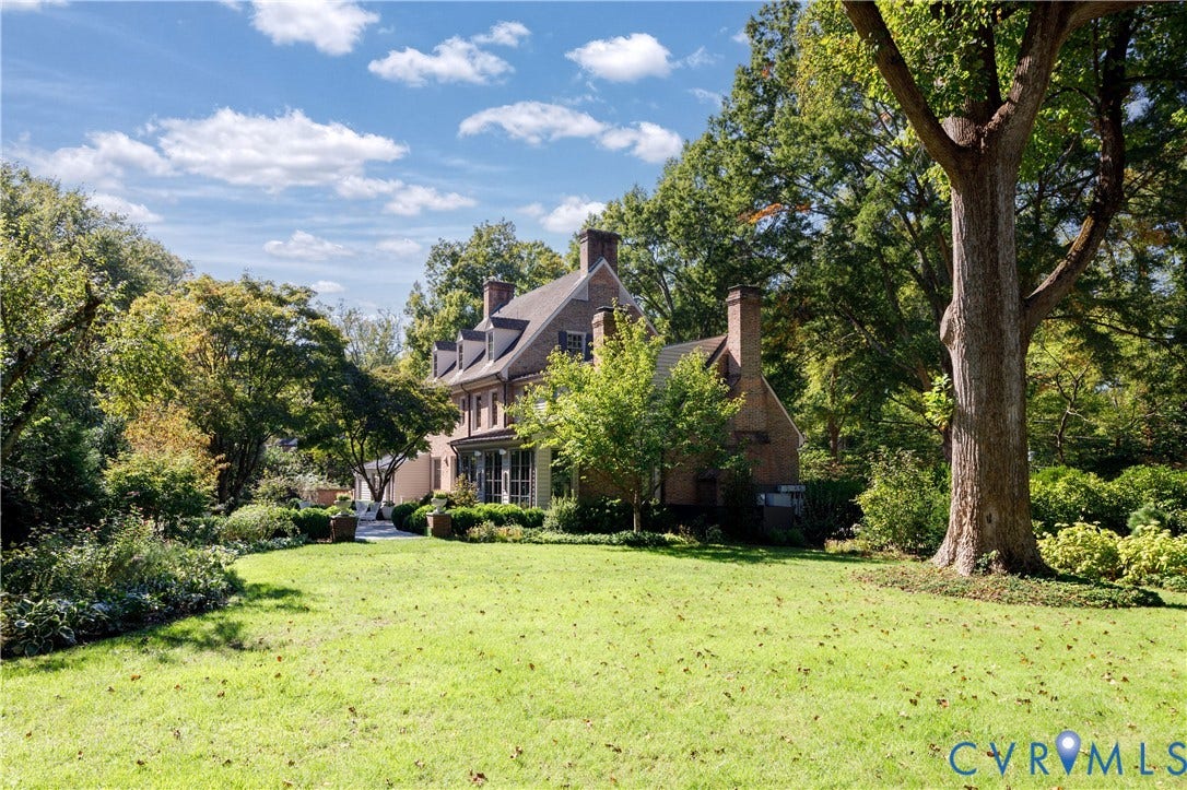 301 Lock Lane, Windsor Farms, Richmond, VA 23226 A wide side lawn shaded by mature trees, part of the 0.76-acre lot.