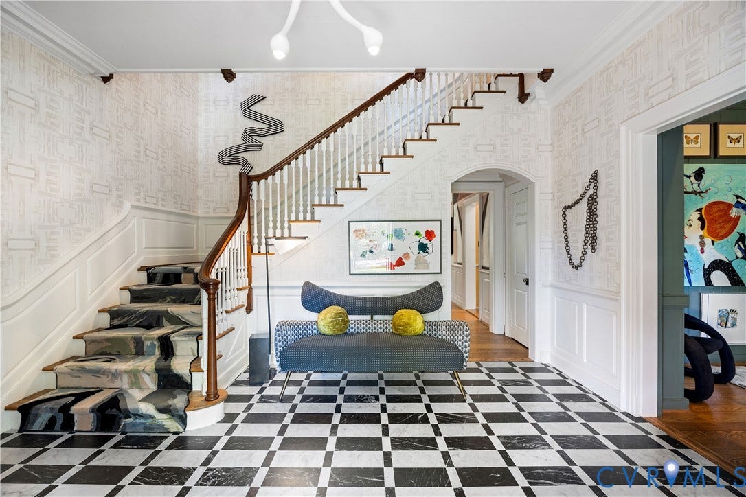 301 Lock Lane, Windsor Farms, Richmond, VA 23226 Entry foyer with heated marble floors, 10-foot ceilings, and a hand-loomed stair runner and wallpaper.