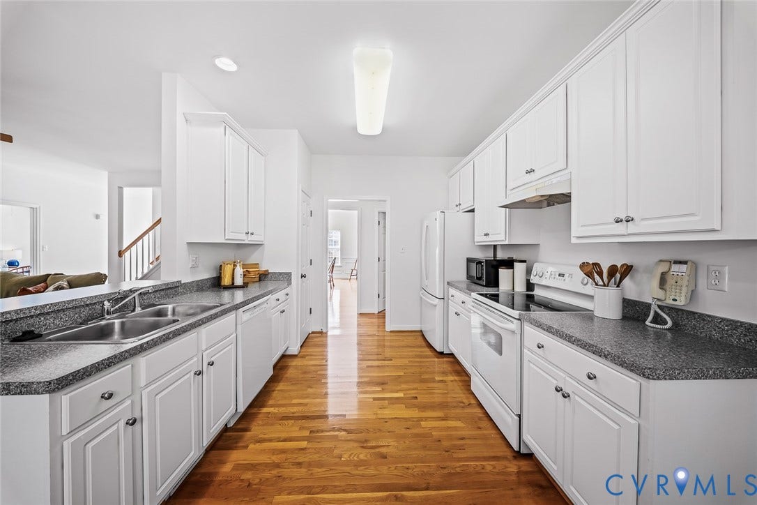 Kitchen featuring white shaker-style cabinetry, hard wood flooring, and a pantry