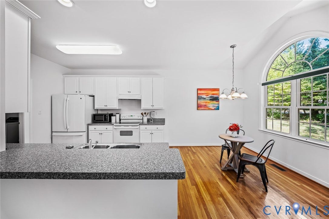 Kitchen featuring white shaker-style cabinetry, hard wood flooring, eat in area and a pantry
