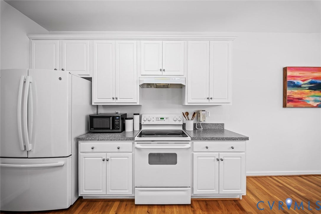 Kitchen featuring white shaker-style cabinetry, hard wood flooring, and a pantry