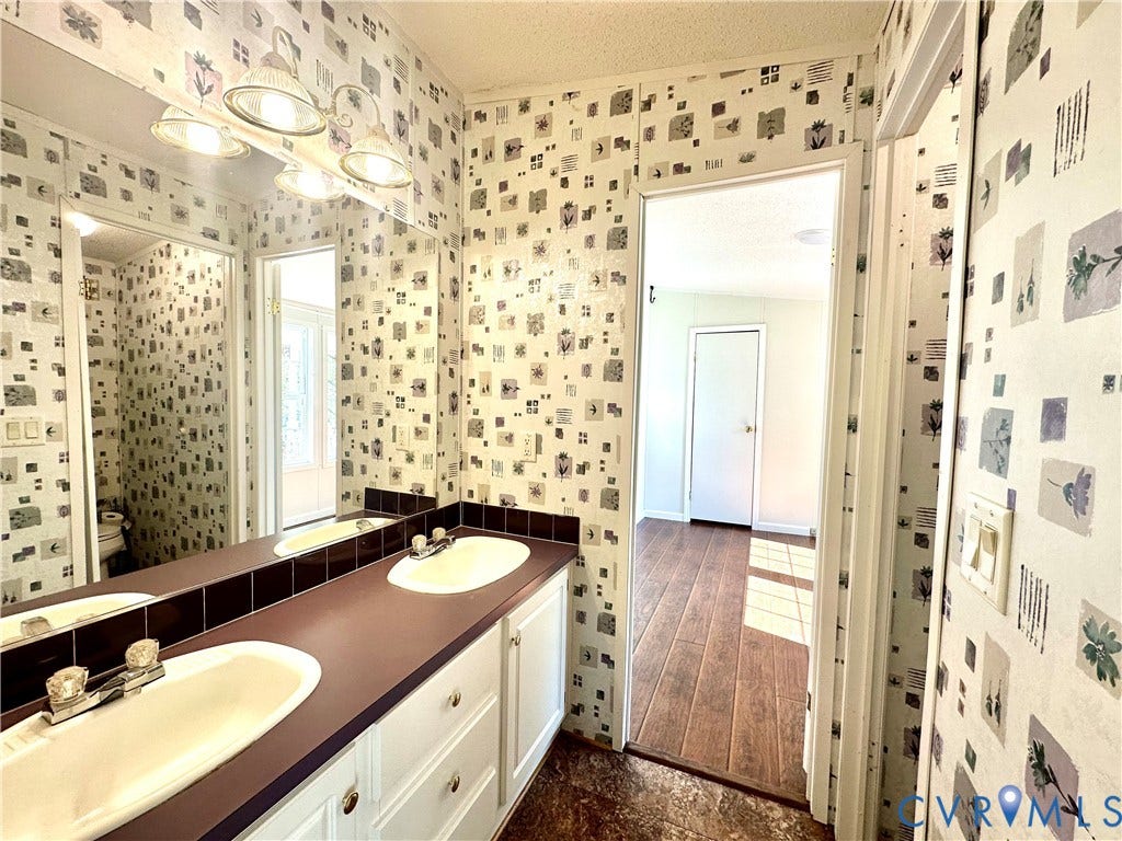 25400 SAYLERS CREEK ROAD, Deatonville, Jetersville, VA 23083 Dual-sink vanity with a solid-surface countertop, full-width wall mirror, multi-bulb overhead lighting, and white cabinetry