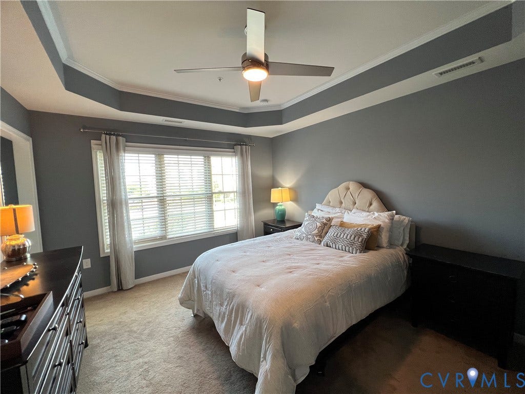 2310 Liesfeld Parkway, West Broad Village, Henrico, VA 23060 Tray ceiling featuring a central multi-blade ceiling fan with integrated lighting and multi-pane window configuration