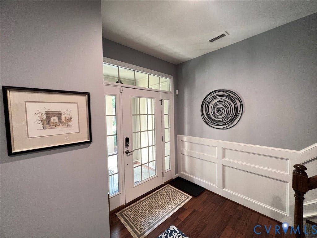 2310 Liesfeld Parkway, West Broad Village, Henrico, VA 23060 Entryway featuring white grid-paneled doors with an oversized transom window, extensive wainscoting, and wood-finish flooring