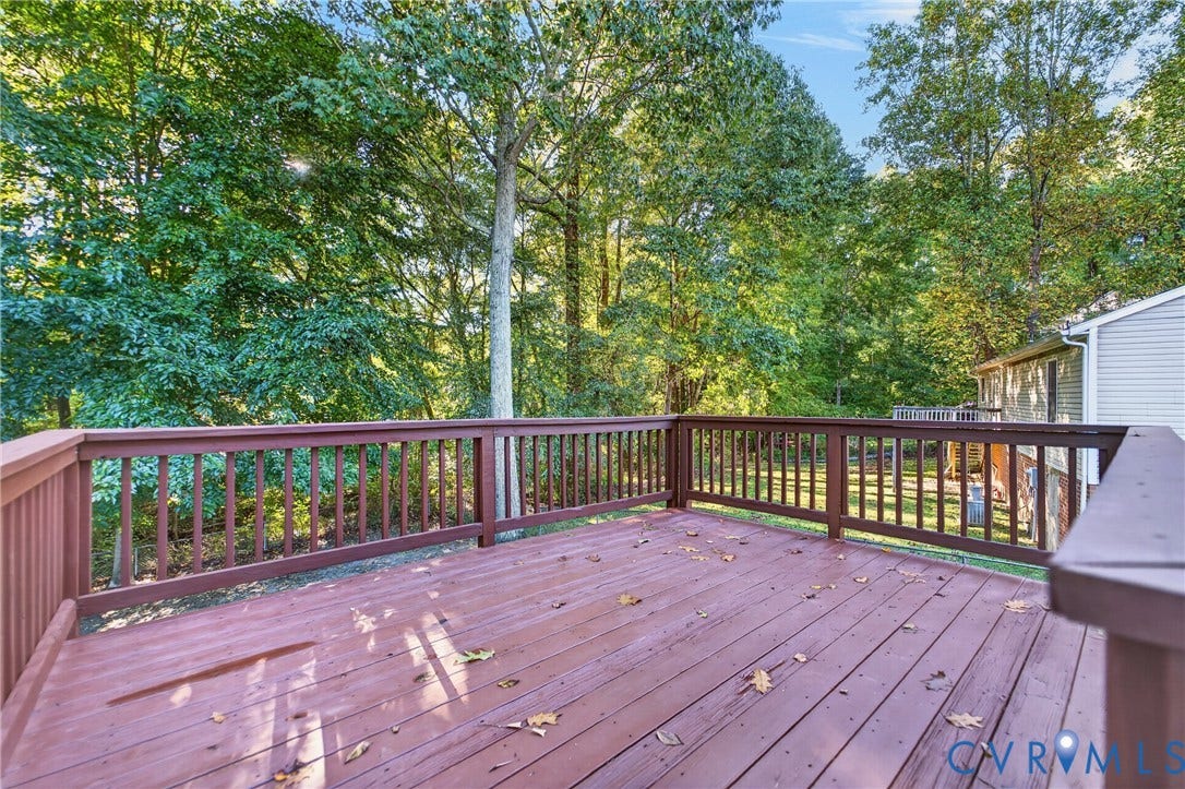 7225 Hartsdale Court, Chesterfield, VA 23832 Elevated wooden deck featuring horizontal railings, finished planks, and a backdrop of mature trees