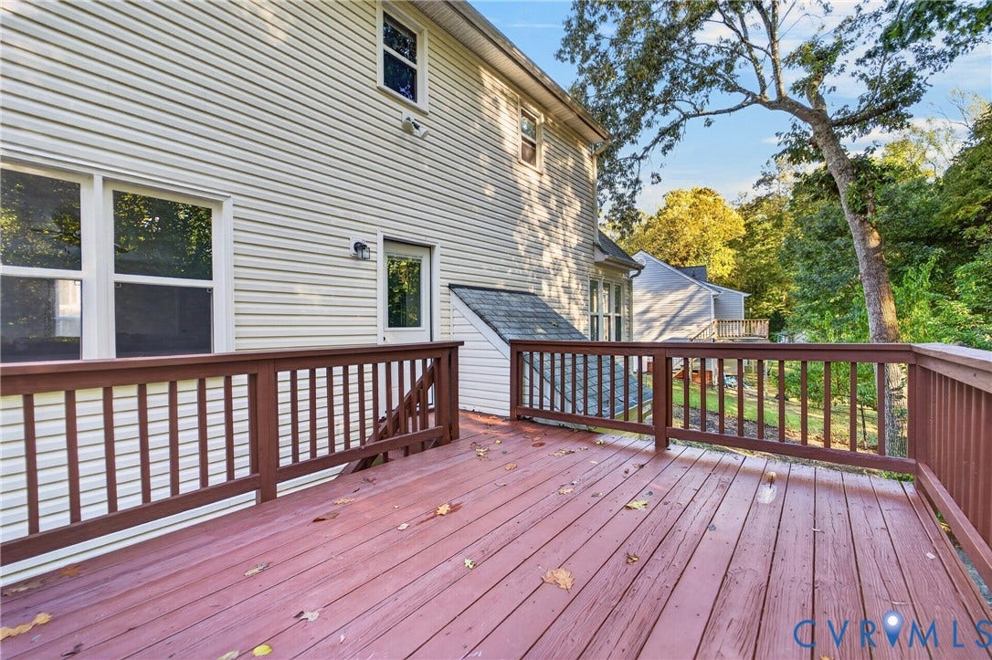 7225 Hartsdale Court, Chesterfield, VA 23832 Elevated wooden deck featuring horizontal railings, vinyl siding exterior, and a sloped basement bulkhead entry