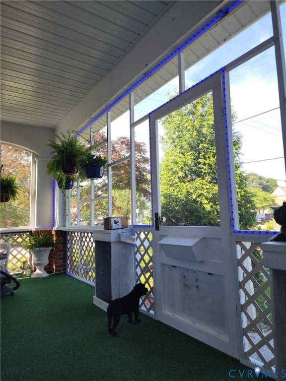 115 Katherine Street, Kings Borough, Suffolk, VA 23434 Enclosed porch featuring white lattice railings, full-height window screening, a solid door with a built-in pet portal, and a tongue-and-groove ceiling