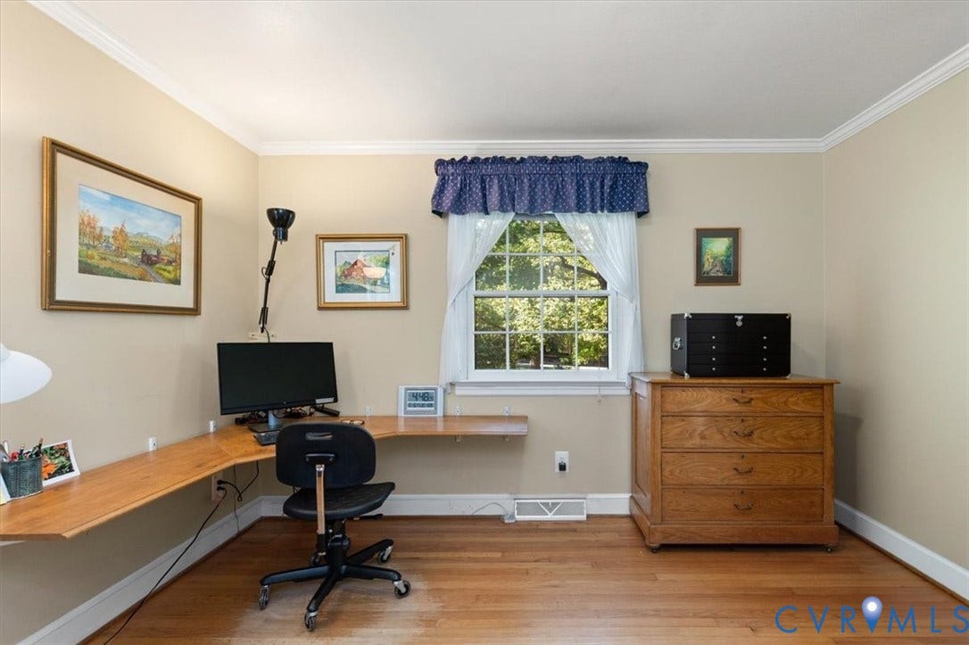 5111 Hurop Road, Sandston, VA 23150 Wood-finish flooring, wall-mounted wooden desk, and multi-pane window with crown molding