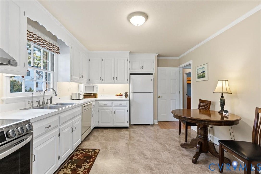 5111 Hurop Road, Sandston, VA 23150 Kitchen featuring white cabinetry, solid surface countertops, a stainless steel dual-basin sink with a gooseneck faucet, and white appliances
