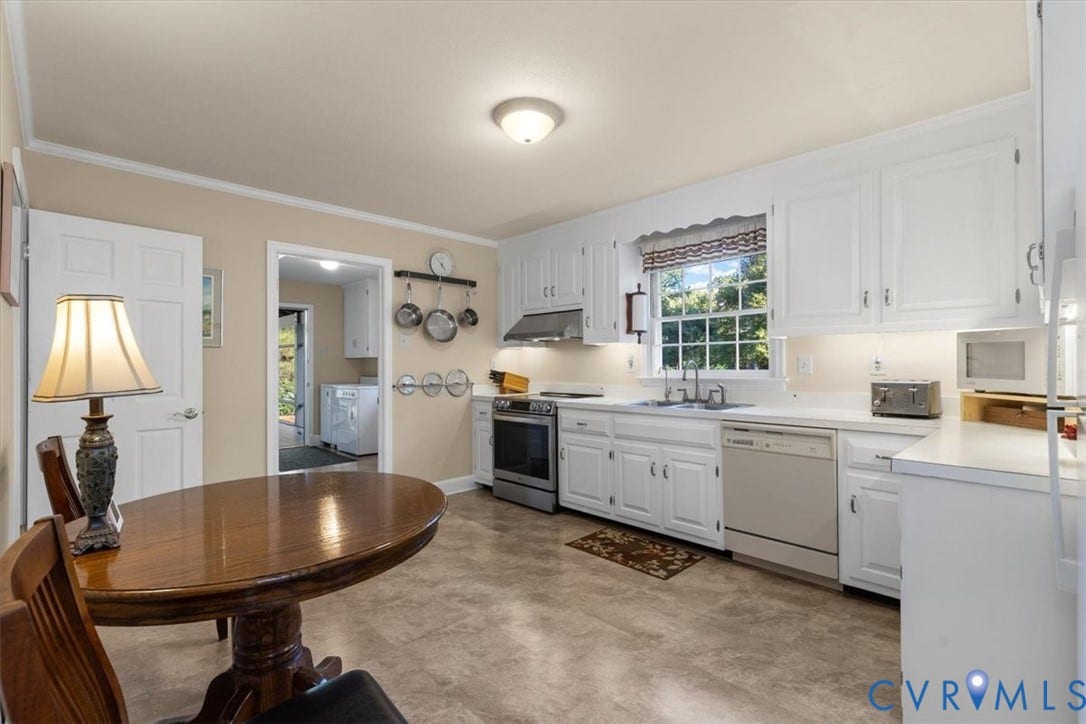 5111 Hurop Road, Sandston, VA 23150 Kitchen featuring white shaker-style cabinetry, stainless steel range with overhead hood, dual-basin sink, tile flooring, and under-cabinet lighting