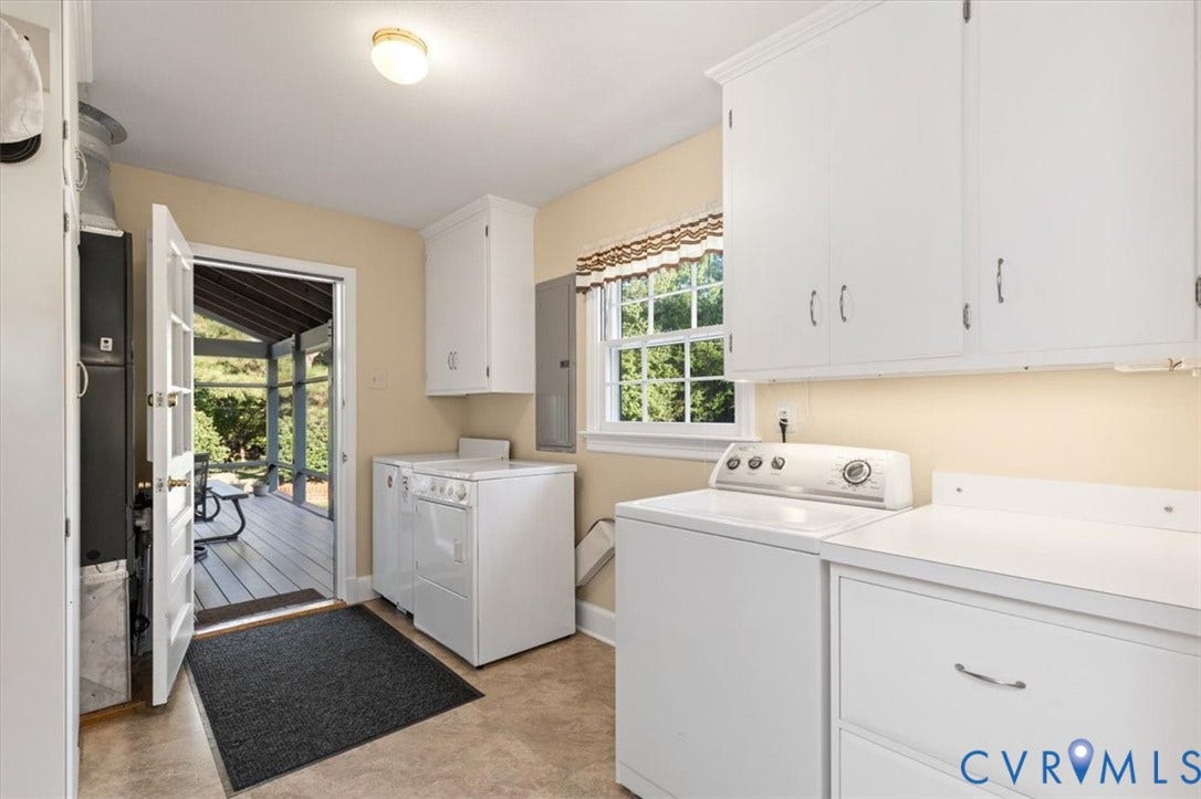 5111 Hurop Road, Sandston, VA 23150 Utility room featuring white cabinetry, solid-surface countertops, recessed lighting, and direct exterior access to a covered deck