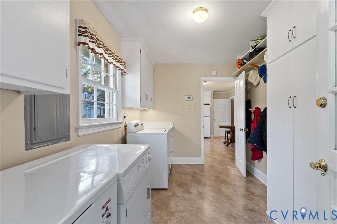5111 Hurop Road, Sandston, VA 23150 Laundry area featuring floor-to-ceiling built-in cabinetry, overhead storage shelving, multi-pane window with sill, and overhead dome lighting