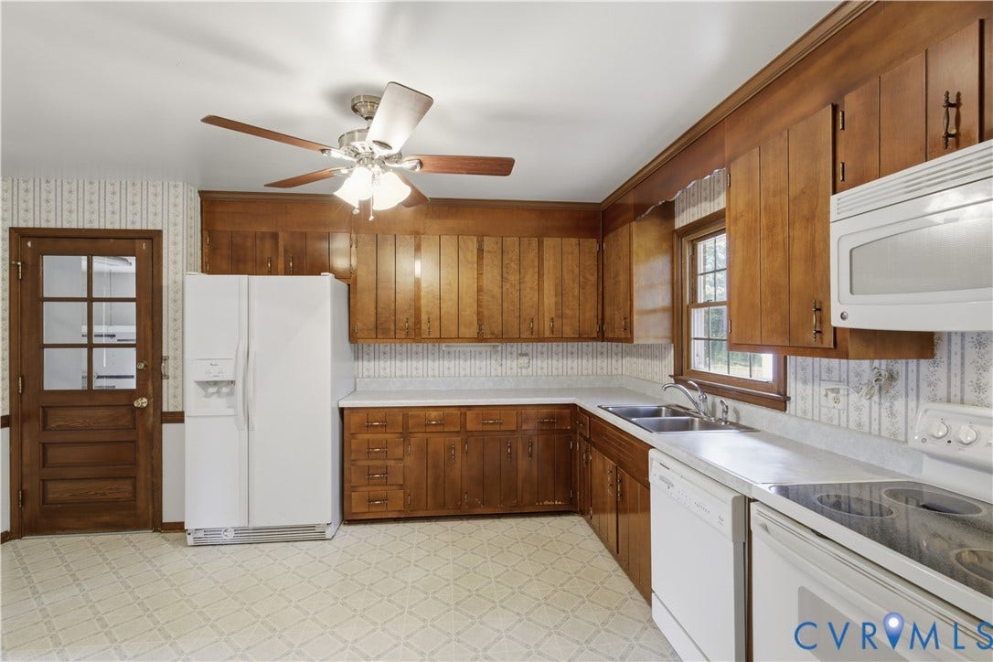 3641 Kiefer Road, Bermuda, Chester, VA 23831 Kitchen featuring wood cabinetry, white countertops, double-basin sink, integrated white appliances, and a wood-finish ceiling fan