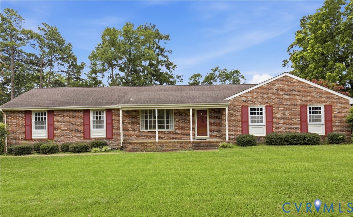 3641 Kiefer Road, Bermuda, Chester, VA 23831 Single-story brick exterior featuring a covered front porch, multi-pane windows, and red decorative shutters