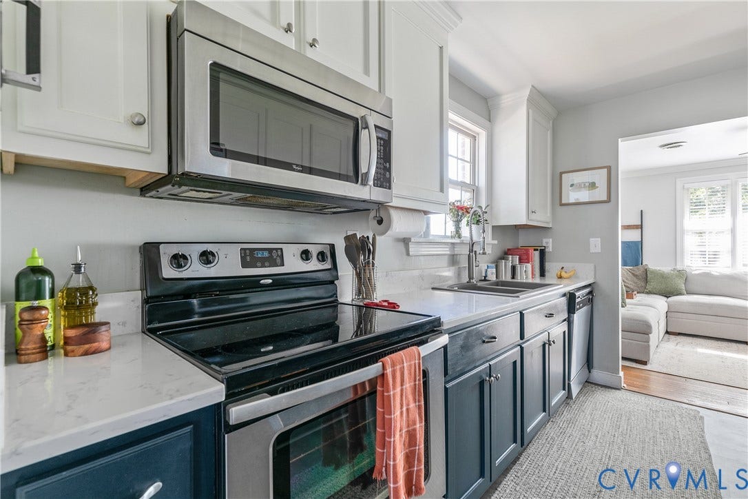 2108 Parkside Avenue, Henrico, VA 23228 Kitchen featuring shaker-style cabinetry, stainless steel appliances, solid-surface countertops, and a double-basin undermount sink