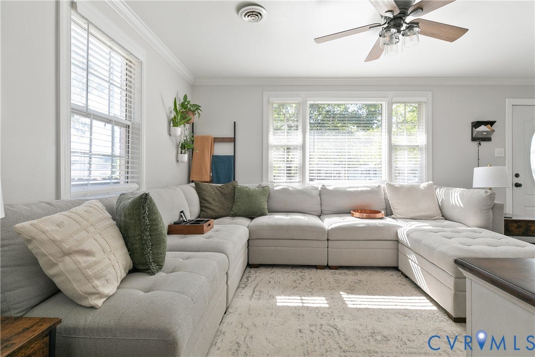 2108 Parkside Avenue, Henrico, VA 23228 Living area featuring neutral wall paint, crown molding, multi-pane windows with horizontal blinds, and a ceiling fan with integrated lighting
