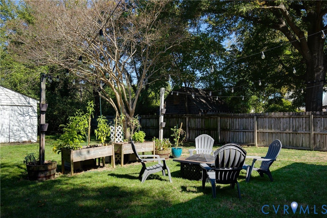 2108 Parkside Avenue, Henrico, VA 23228 Spacious backyard featuring a wood-panel fence, raised wooden garden beds, string lighting, and mature trees