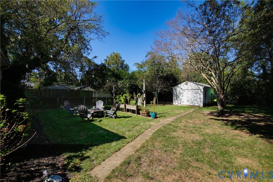 2108 Parkside Avenue, Henrico, VA 23228 Expansive backyard featuring a mature canopy of trees, a detached storage structure, a stone-surfaced path, and a wooden privacy fence