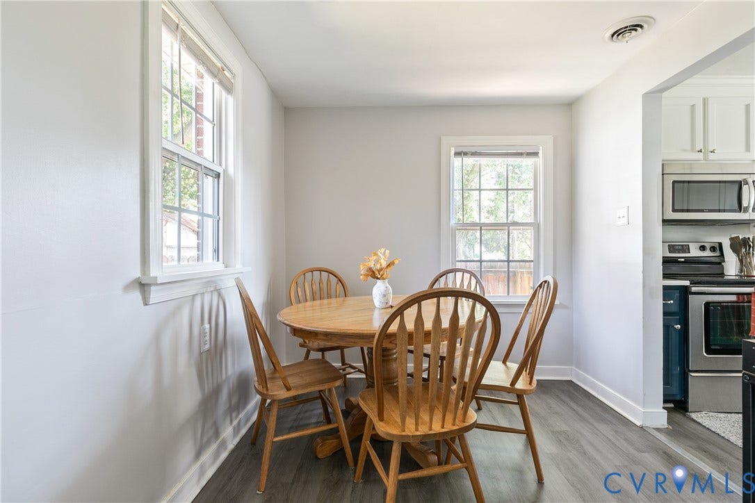 2108 Parkside Avenue, Henrico, VA 23228 Dining area featuring wood-finish flooring, two large windows with multi-pane glazing, and neutral wall tones