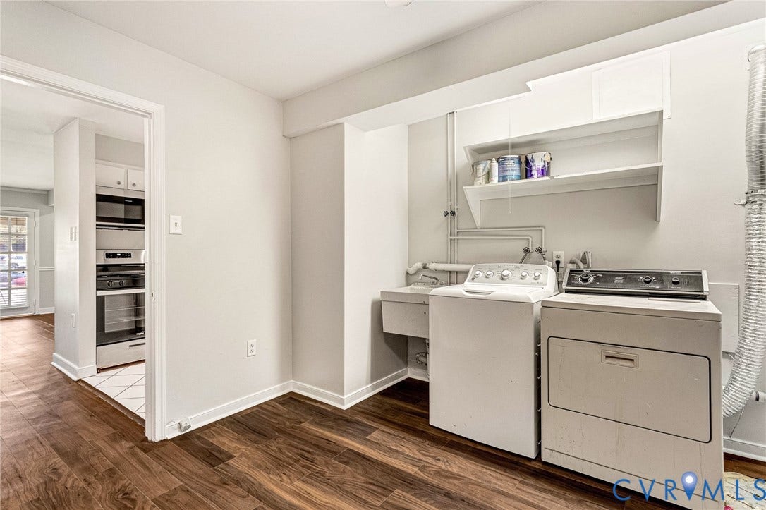 4 Millstone Road, The Hamlet, Henrico, VA 23228 Utility area featuring wood-finish flooring, a wall-mounted shelving unit, and a built-in utility sink