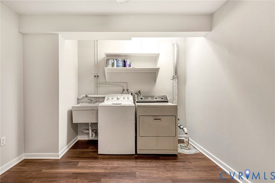 4 Millstone Road, The Hamlet, Henrico, VA 23228 Dedicated utility space featuring wood-finish flooring, a wall-mounted storage shelf, and a built-in utility sink