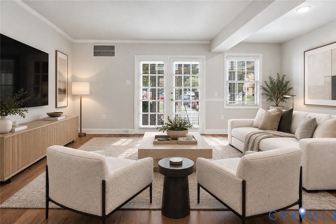 4 Millstone Road, The Hamlet, Henrico, VA 23228 Living space featuring wood-finish flooring, white French doors, multi-pane windows, and neutral wall tones