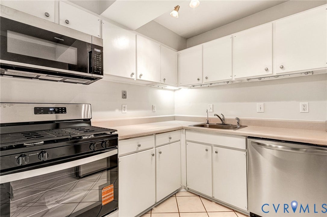 4 Millstone Road, The Hamlet, Henrico, VA 23228 Kitchen featuring white cabinetry, stainless steel appliances, neutral solid-surface countertops, dual-basin sink, and tile flooring