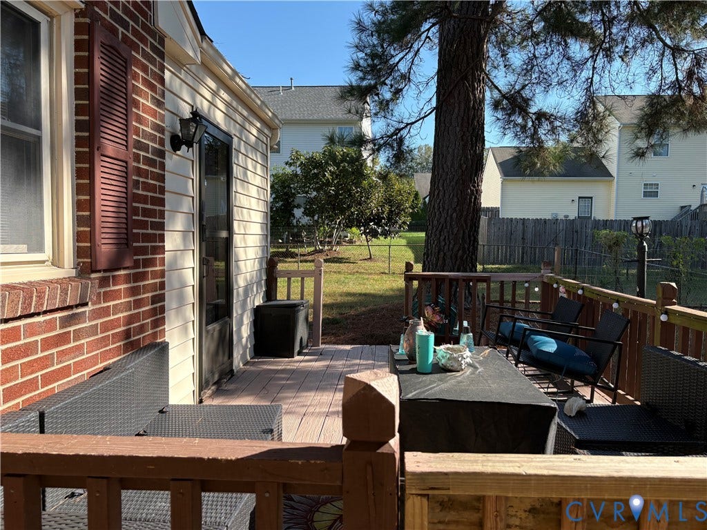 106 Verbov Avenue, Lundsford, Colonial Heights, VA 23834 Elevated wood deck featuring vertical balusters and a brick exterior with vinyl siding