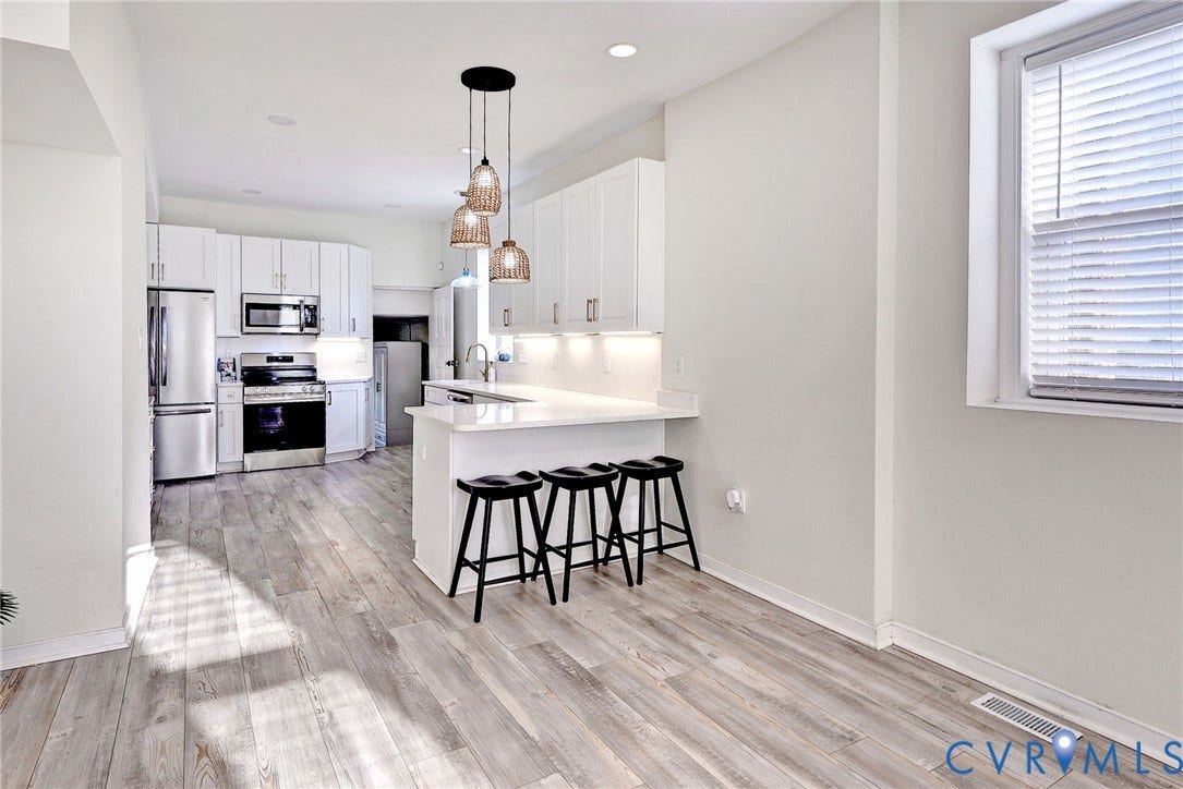 730 N 23RD Street, Union Hill, Richmond, VA 23223 Kitchen featuring white cabinetry, quartz countertops, stainless steel appliances and peninsula seating.