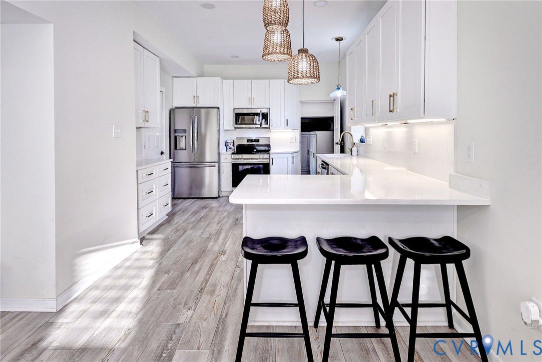 730 N 23RD Street, Union Hill, Richmond, VA 23223 Kitchen featuring white cabinetry, quartz countertops, stainless steel appliances, and recessed and pendant lighting.