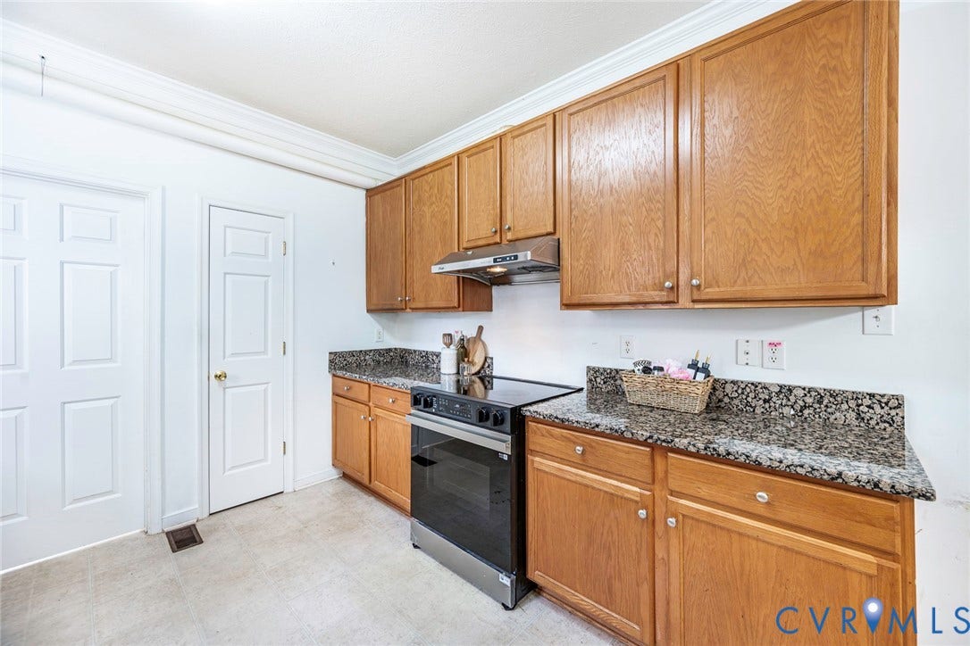 2408 Swartwout Avenue, Woodland Hills, Henrico, VA 23228 Kitchen featuring medium-tone wood cabinetry, stone-surface countertops, stainless steel range, and crown molding