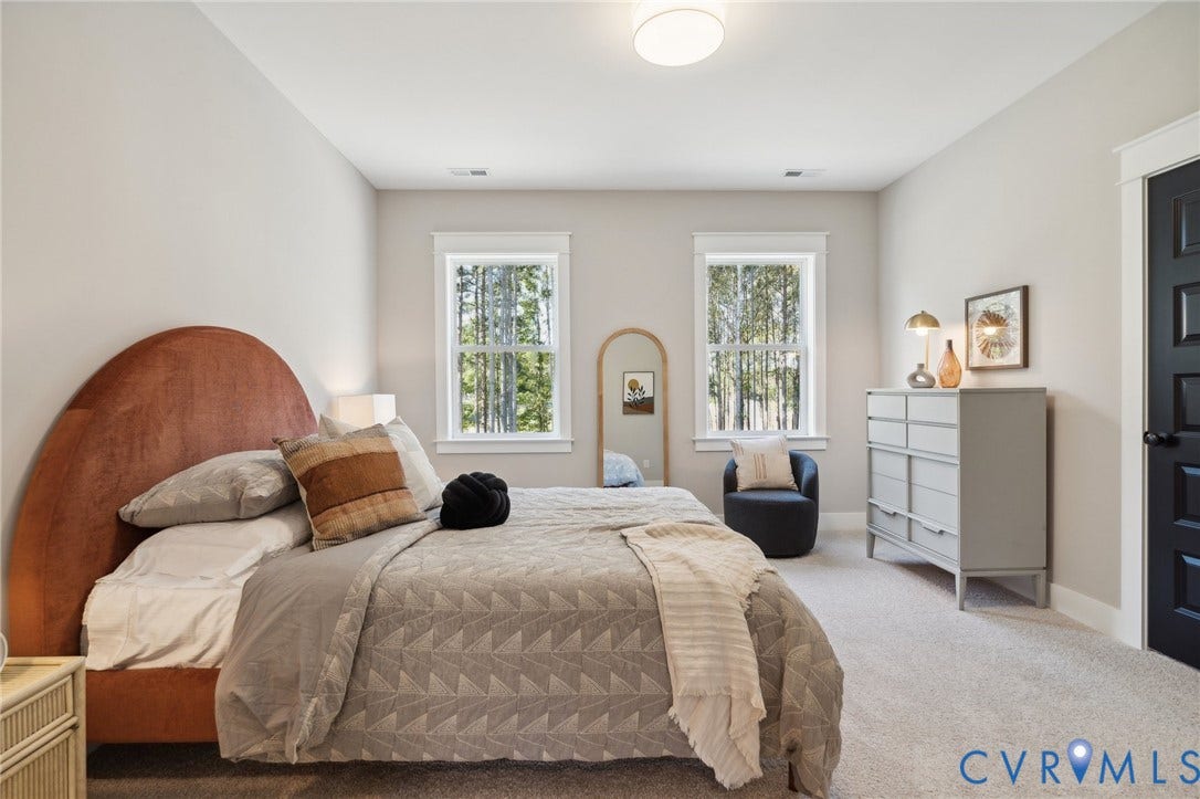 18128 Dogwood Trail Way, Rockville, VA 23146 Neutral wall finishes, plush carpeting, two double-hung windows with white trim, and a high-contrast dark-toned paneled door