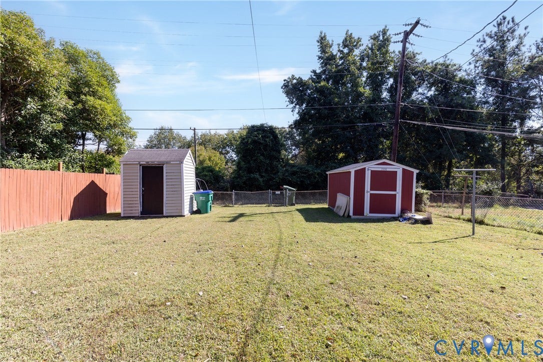 2108 Ridgemont Road, Richmond, VA 23224 Expansive backyard featuring a fenced perimeter and two separate storage structures