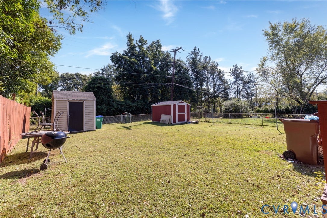 2108 Ridgemont Road, Richmond, VA 23224 Backyard featuring a grass lawn, perimeter wood fencing, metal chain-link fencing, and two storage sheds
