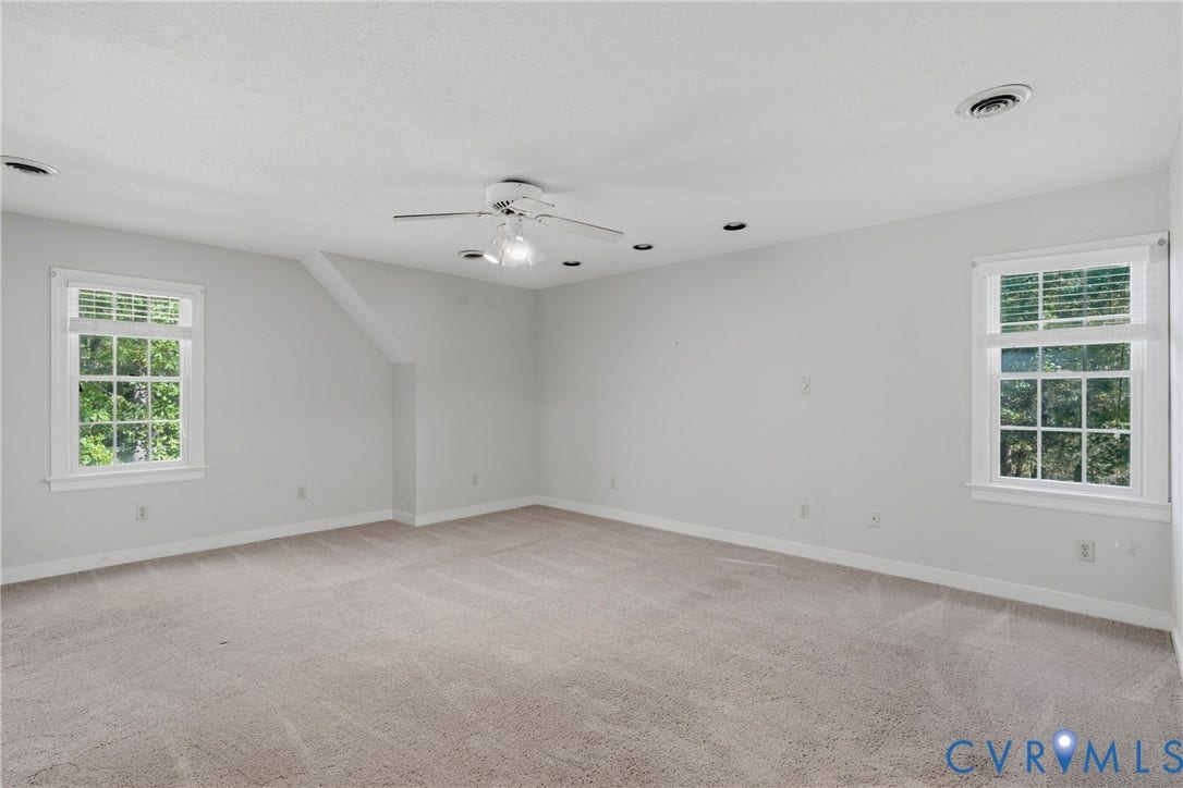 7270 Crossing Oaks Trail, Mechanicsville, VA 23111 Neutral-toned interior space featuring carpeting, recessed lighting, a ceiling fan with integrated lighting, and multiple windows with white trim
