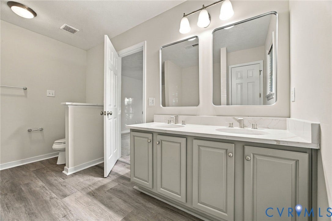 Dual-sink vanity with a stone-top counter, recessed-panel cabinetry, two wall-mounted mirrors, and wood-finish flooring