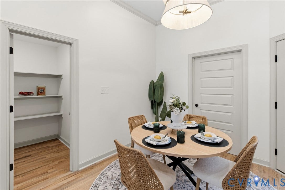 3104 E Broad Street, Richmond, VA 23223 Pantry with built-in shelving, wood-finish flooring, five-panel interior door, and pendant lighting