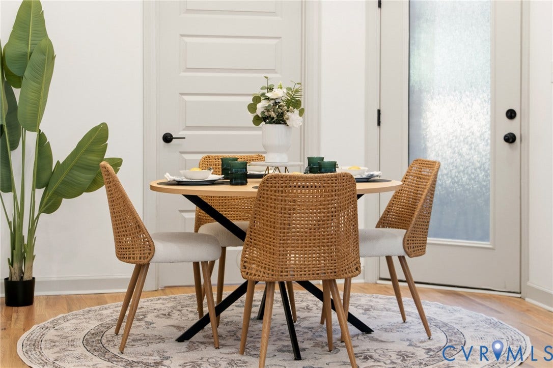 3104 E Broad Street, Richmond, VA 23223 Wood-finish flooring, multi-panel interior door with matte black hardware, and an exterior door featuring textured glass and matte black hardware