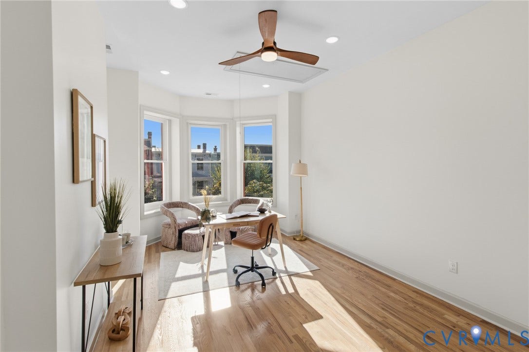 3104 E Broad Street, Richmond, VA 23223 Bay window featuring natural light, wood-finish flooring, recessed lighting, and a modern ceiling fan