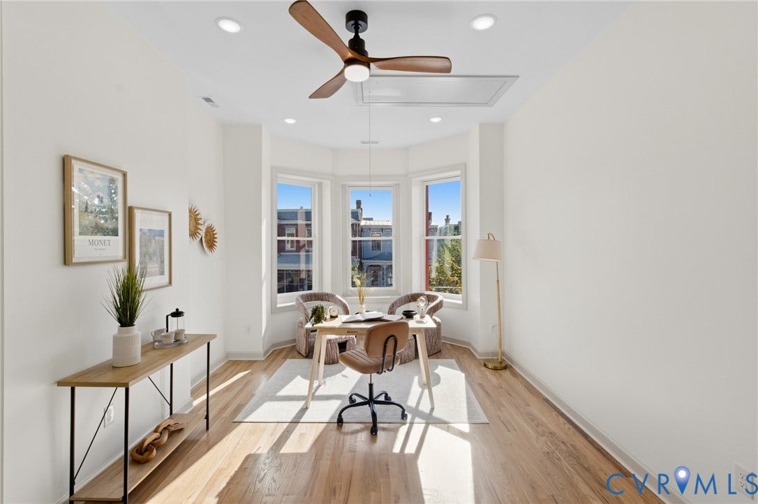 3104 E Broad Street, Richmond, VA 23223 Bay window featuring three sash windows, wood-finish flooring, recessed lighting, and a contemporary ceiling fan