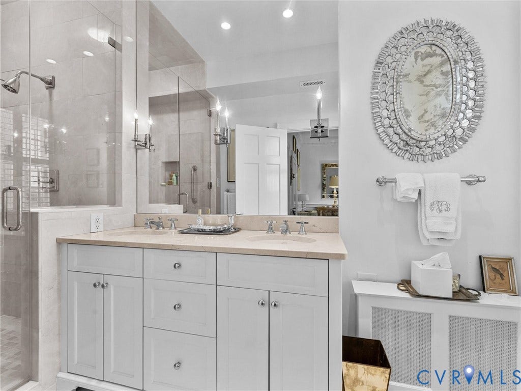 5621 Cary Street Road, #U506, Richmond, VA 23226 Double vanity featuring white cabinetry, stone countertops, dual integrated sinks,