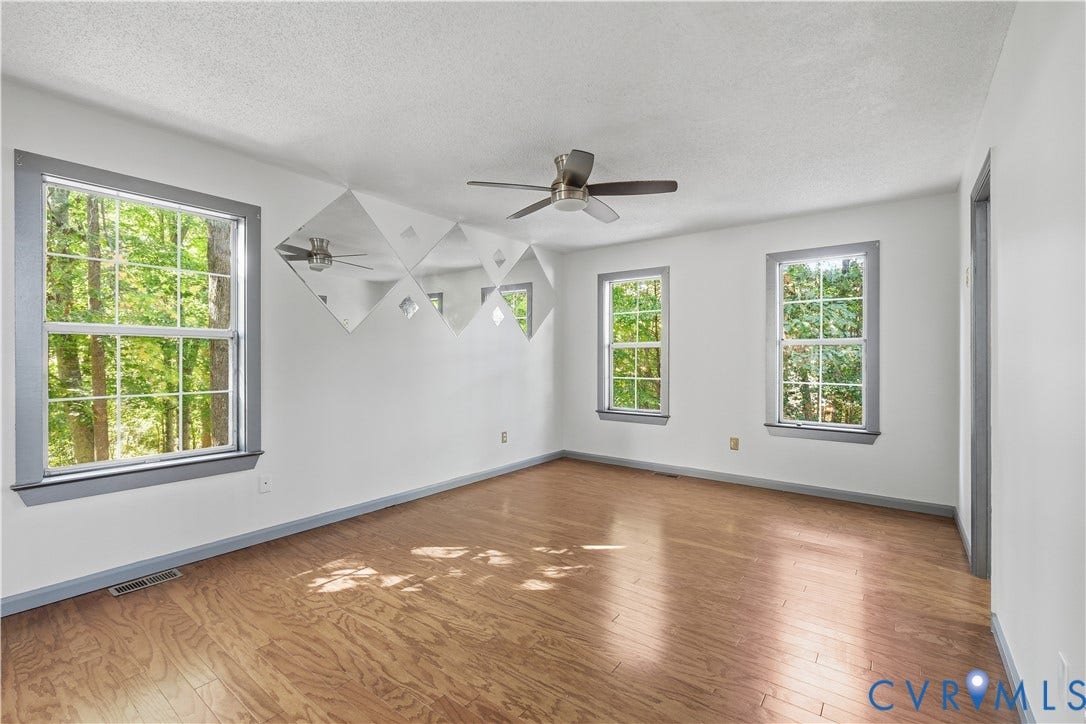 7652 Thacher Drive, Toano, VA 23168 Wood-finish flooring, multi-pane windows with grey casing, diamond-pattern wall mirrors, and a central ceiling fan