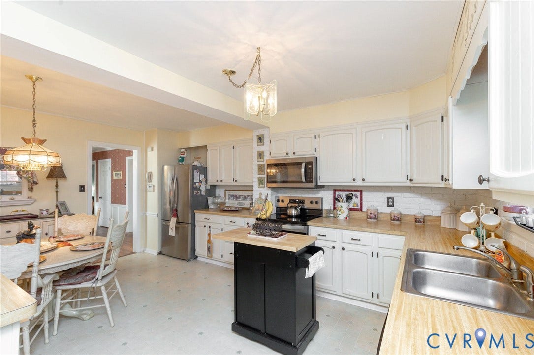 5211 W Grace Street, Richmond, VA 23226 Kitchen featuring white cabinetry, stainless steel appliances, a dual-basin sink, laminate countertops, and a central prep island